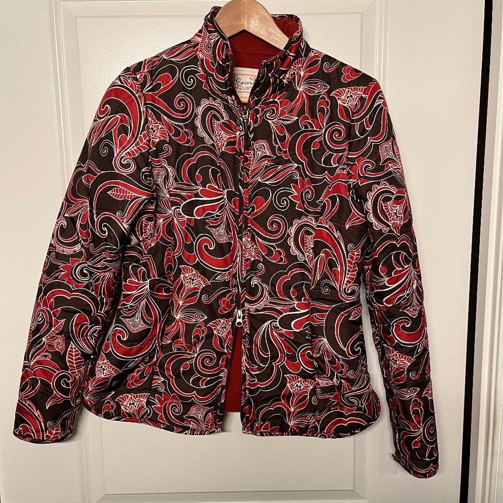 Aventura Womens Jacket Small Red Brown Floral Quilted Fleece Lined Coat
